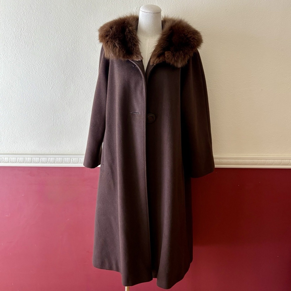 Vintage Mademoiselle Shoppe chocolate brown wool swing coat‎ genuine mink collar